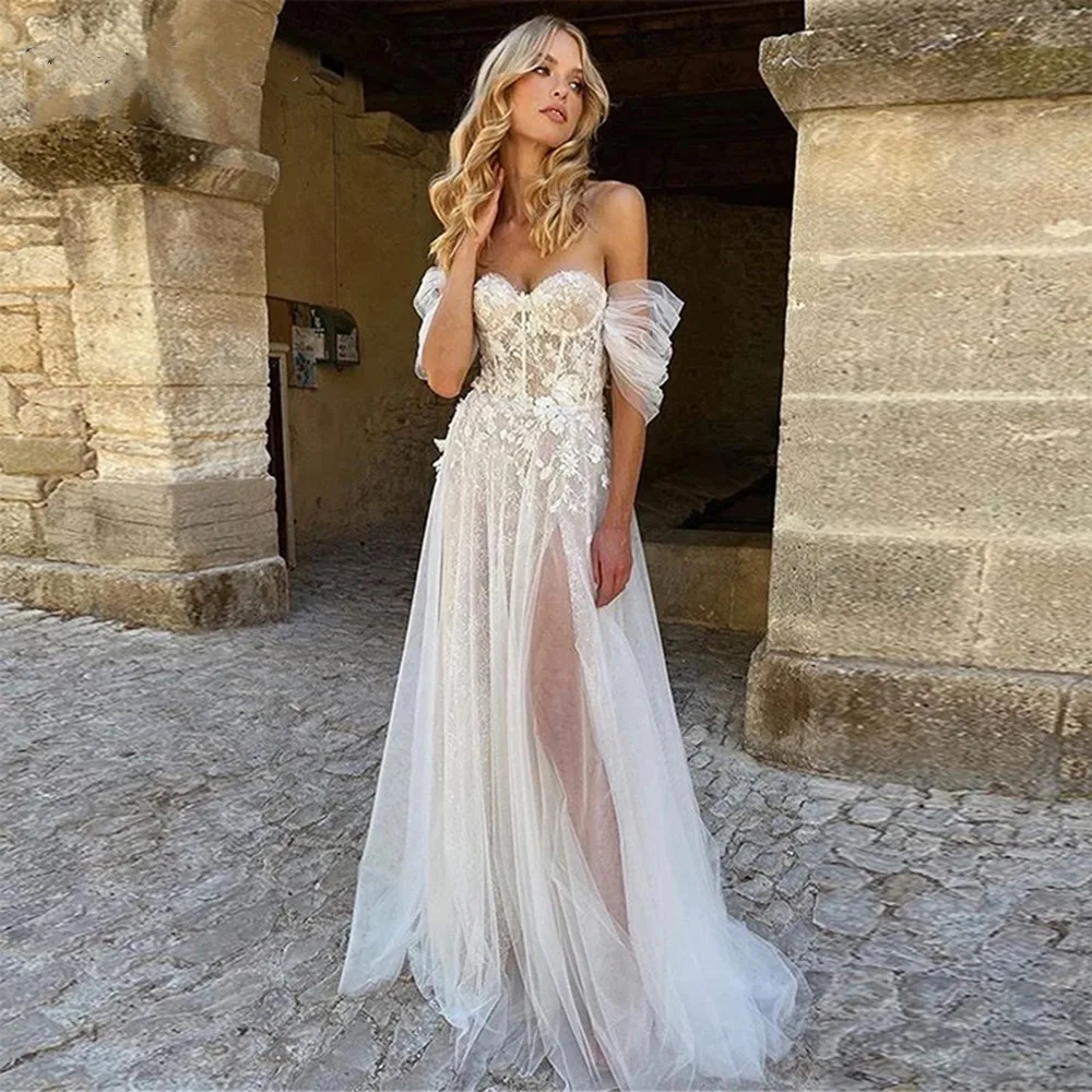 Sexy Off The Shoulder Wedding Dresses For Women 2023 Bride Split Slit A Line Sweetheart Tulle Bridal Gowns With Lace Applique
Sexy Off The Shoulder Wedding Dresses For Women 2023 Bride Split Slit A Line Sweetheart Tulle Bridal Gowns With Lace Applique