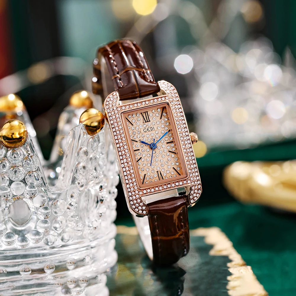 

GEDI Waterproof Rectangle Full-diamond Watch for Women Luxury Roman Dial Leather Strap Ladies Fashion Watches Woman Quartz Clock