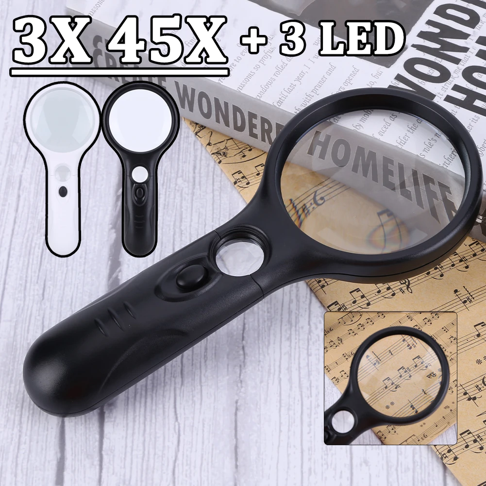 

45X 3X Handheld Reading Magnifier Illuminated With 3 LED Microscope Lens Jewelry Magnifiers Magnifying Reading Glass Repair Tool