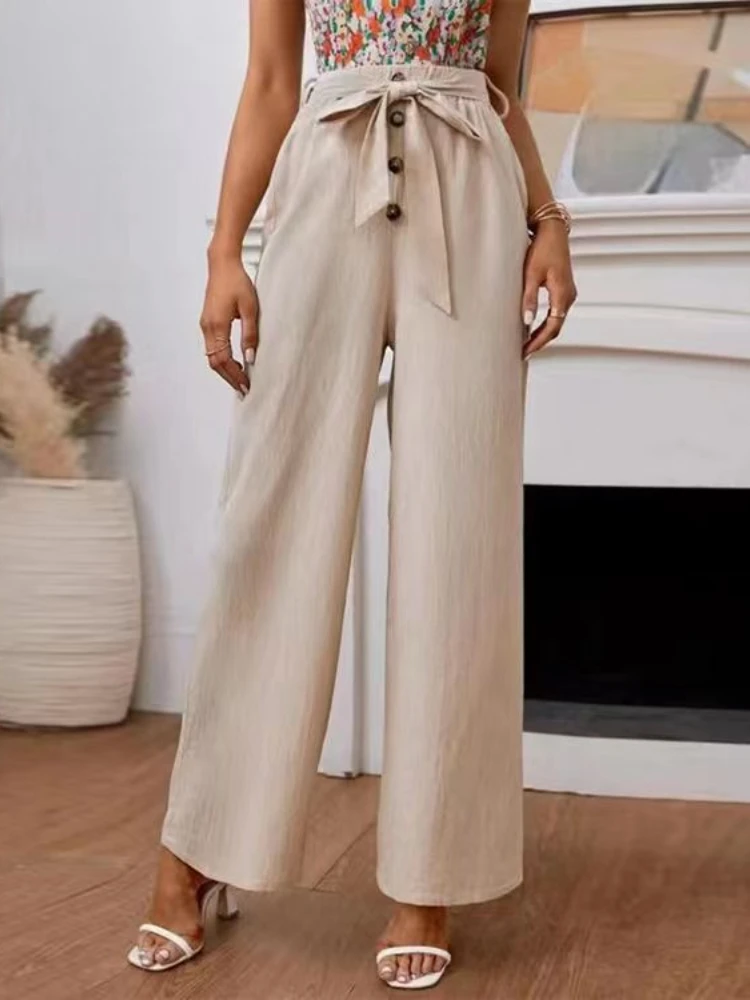 

Summer Linen Pants Women's Loose LeisureLace-up Oversize Wide-leg Woman Pants Streetwear Women Solid Color Sweatpants Pants
