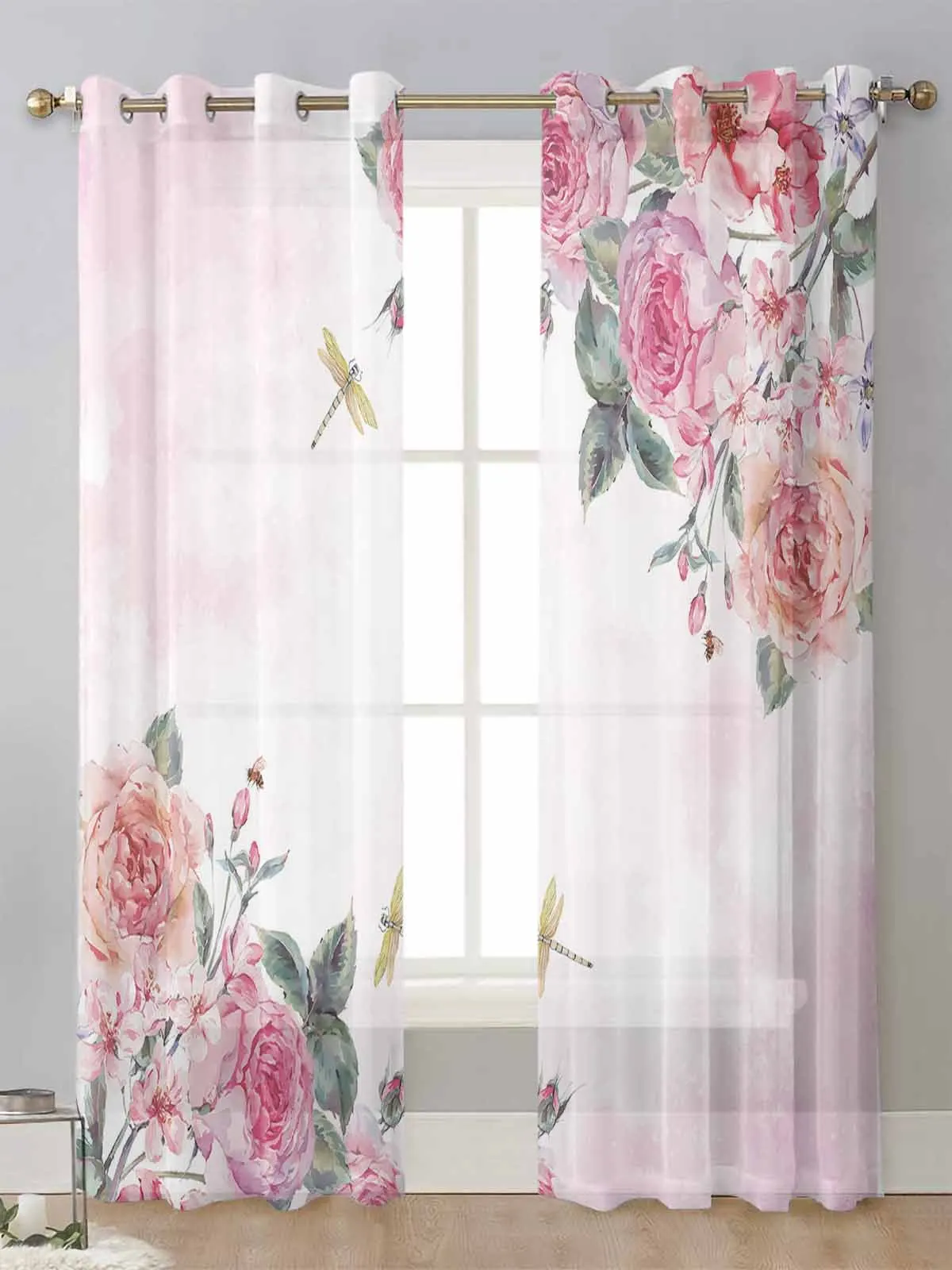 

Pink Flower Dragonfly Watercolor Sheer Curtains For Living Room Window Voile Tulle Curtain Cortinas Drapes Home Decor