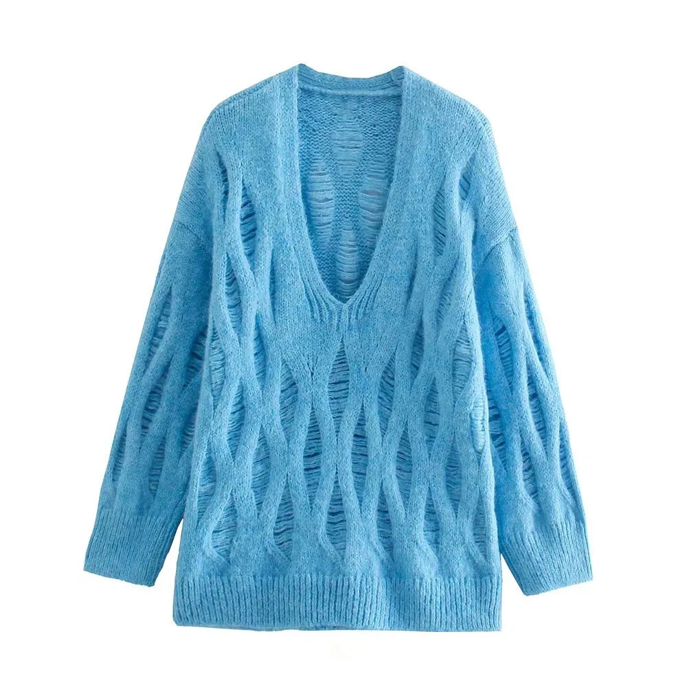 Autumn new fashion women's sweet versatile soft waxy loose blue deep V neck long sleeve hollow long sweater
Autumn new fashion women's sweet versatile soft waxy loose blue deep V neck long sleeve hollow long sweater