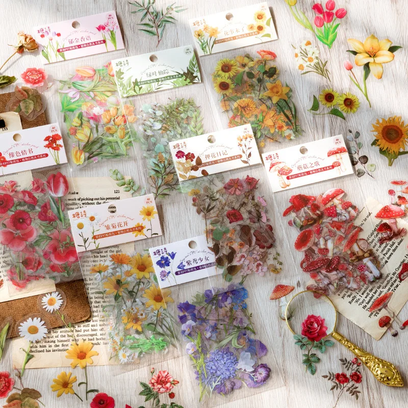 

40Pcs PET Vintag Plant Mushroom Flower Stickers Aesthetic Hand Account Scrapbooking Junk Junk Journal Kids Stationery Stickers