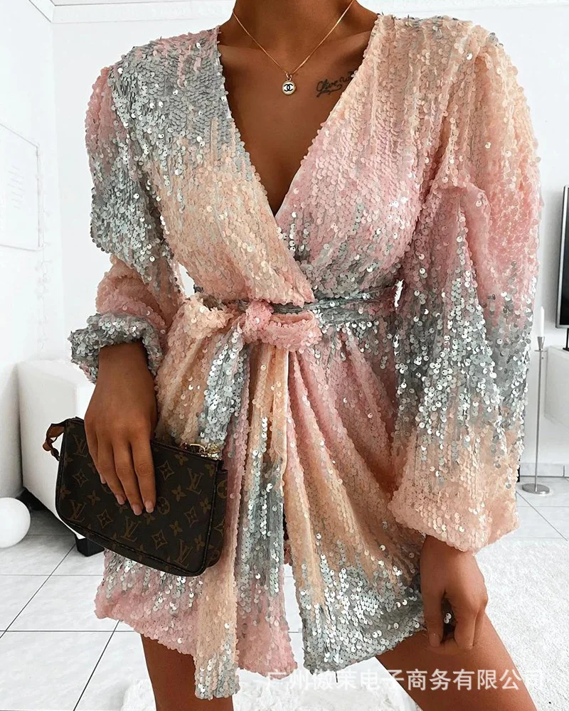 Женское вечернее платье с блестками, элегантное платье с V-образным вырезом и галстуком для девушек, лето-весна 2022
Женское вечернее платье с блестками, элегантное платье с V-образным вырезом и галстуком для девушек, лето-весна 2022