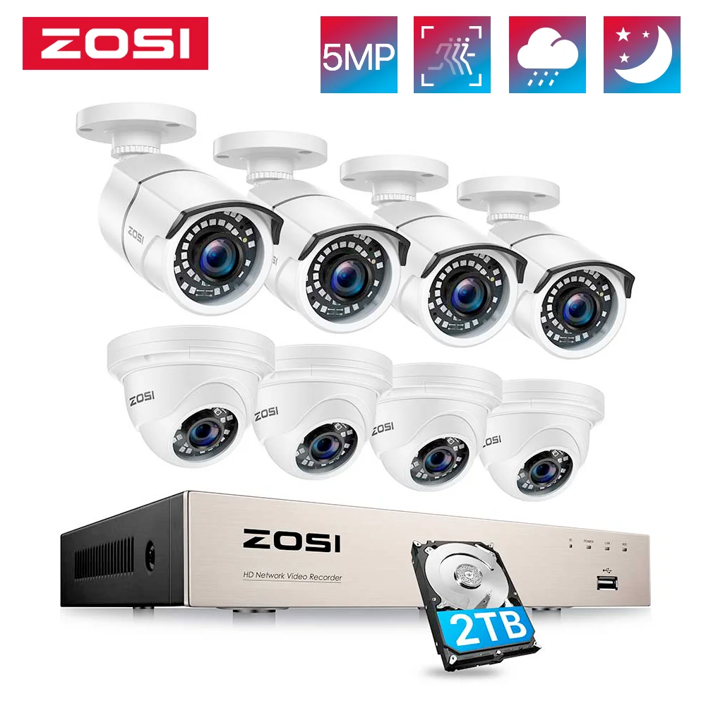 

ZOSI 8CH 5MP PoE Security Camera System Outdoor with 2TB HDD, H.265+ 8CH 5MP NVR Kit and 8pcs 5MP Weatherproof PoE IP Cameras