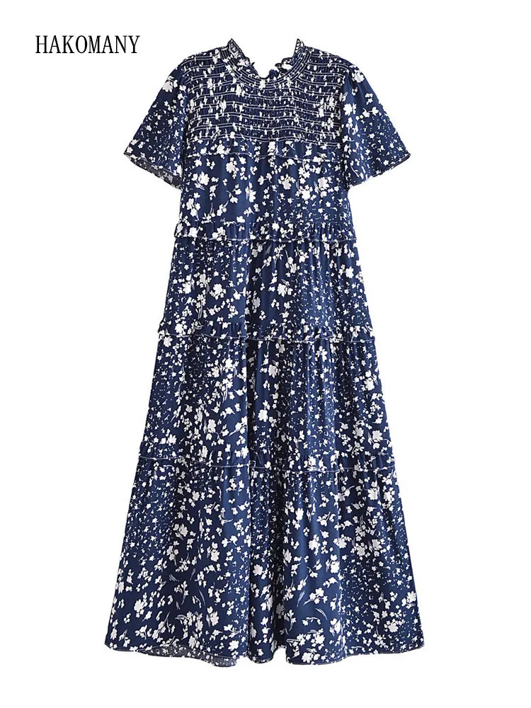 2023 Women Elastic Ruched Shoulder Spliced Ruffle Hem Swing Holiday Cake Robe BOHO Navy With White Small Flower Print Midi Dress
2023 Women Elastic Ruched Shoulder Spliced Ruffle Hem Swing Holiday Cake Robe BOHO Navy With White Small Flower Print Midi Dress