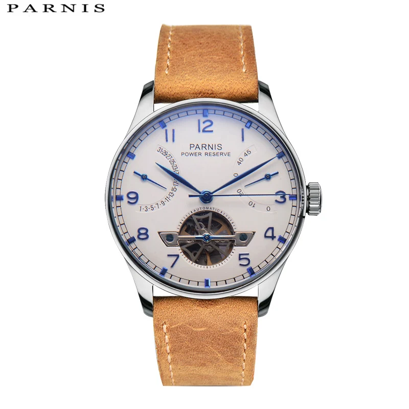 

Fashion Parnis 43mm Tourbillon White Dial Men's Automatic Mechanical Watch Calendar Leather Strap Sports Watches reloj de hombre