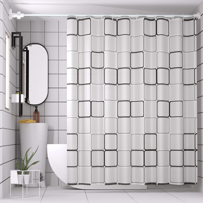 

Bathroom Shower Curtain Waterproof Mildew Proof PEVA Bath Curtains Translucent Modern Square Plaid Toilet Curtain With Hooks