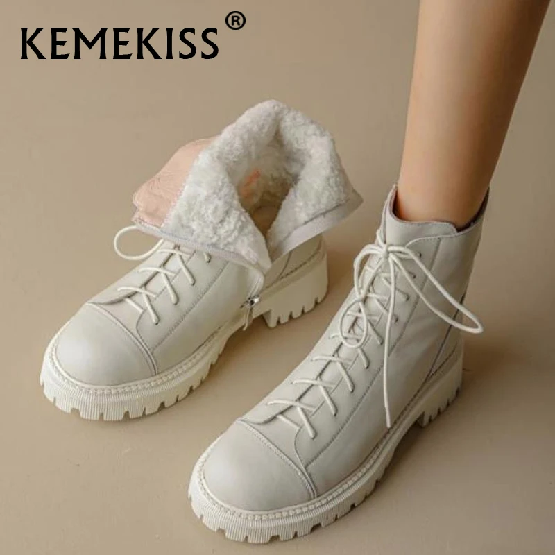 

KemeKiss 2023 Winter Women Real Leather Snow Boots Thick Heels Lace Up Fashion Outdoor Short Boot Ladies Footwear Size 34-42