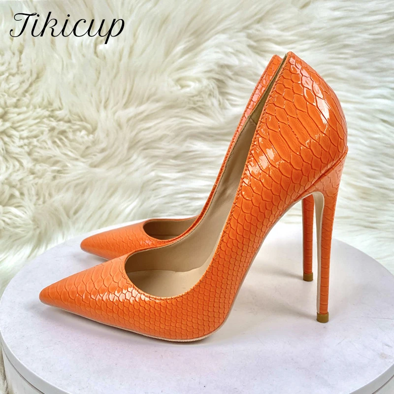 

Tikicup Shiny Orange Crocodile Effect Women Pointy Toe High Heel Shoes for Party Gorgeous Dress Stiletto Pumps Plus Size 44 45