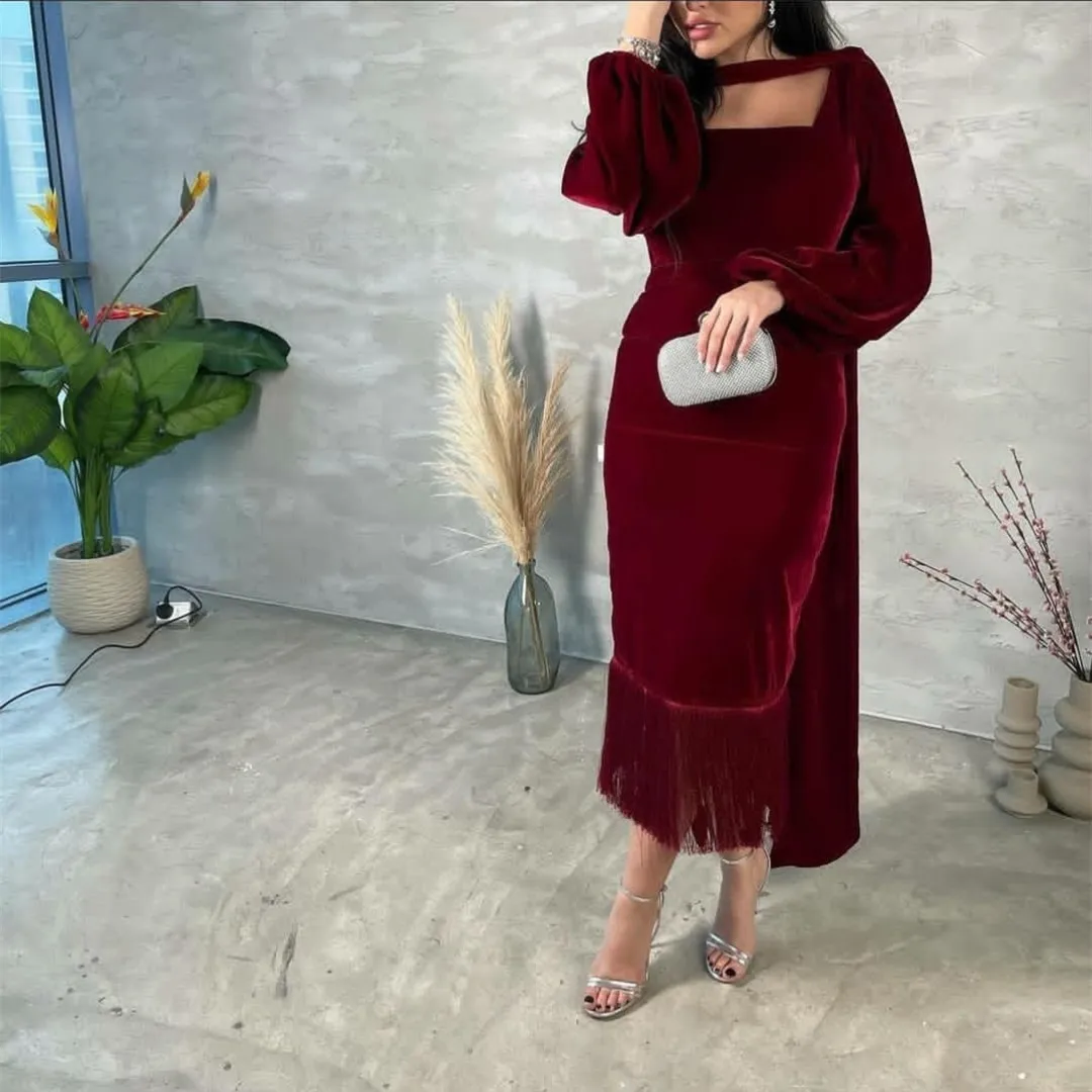 Elegant Velvet Burgundy Squqare Neck Evening Dresses Middle East Mermaid Vestidos Long Sleeve Pleated Arabic Prom Gown for Women
Elegant Velvet Burgundy Squqare Neck Evening Dresses Middle East Mermaid Vestidos Long Sleeve Pleated Arabic Prom Gown for Women