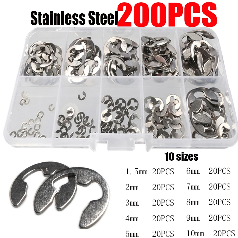 200PCS Set 1.5/2/3/4/5/6/7/8/9/10mm Stainless Steel E-clips Ring Snap Retaining Circlip Tools Kit Washer Gaskets
200PCS Set 1.5/2/3/4/5/6/7/8/9/10mm Stainless Steel E-clips Ring Snap Retaining Circlip Tools Kit Washer Gaskets
