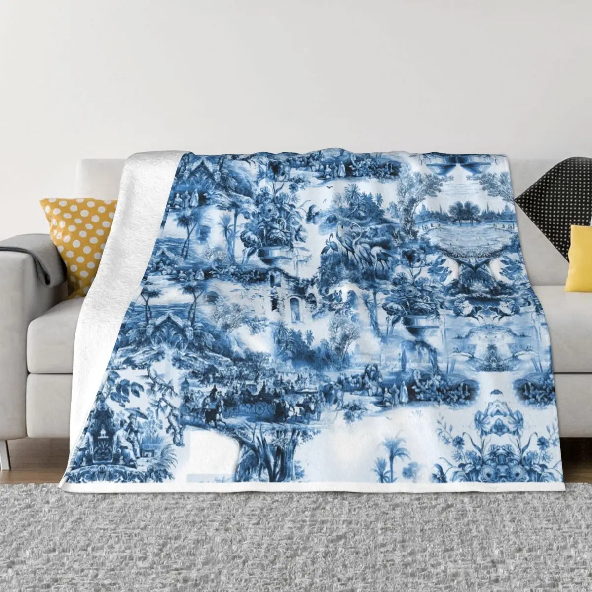

French Navy Blue Toile De Jouy Blanket Warm Fleece Soft Flannel Throw Blankets for Bedding Couch Office Autumn