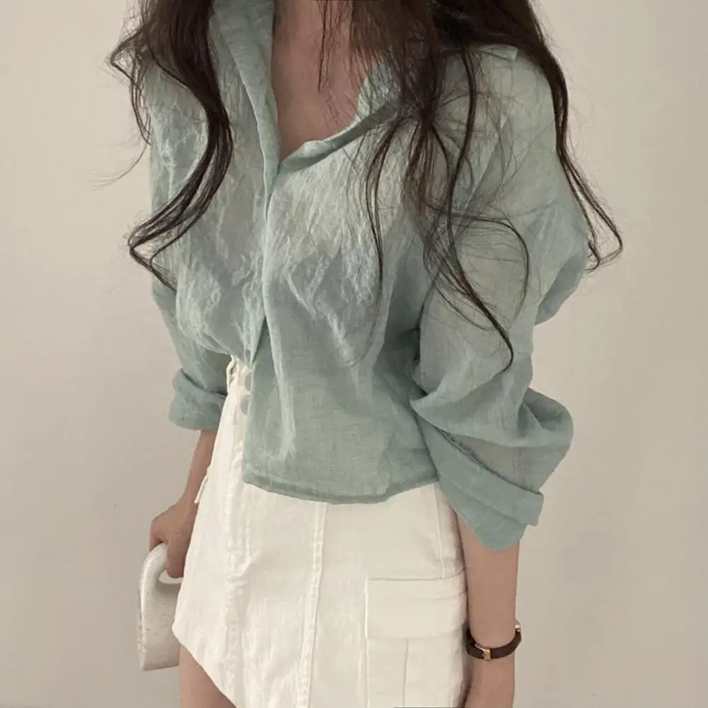 

Beautiful Office Blouse Anti-pilling Shirt Top Long Sleeves Pleated Style Solid Color Sunscreen Shirt Workwear