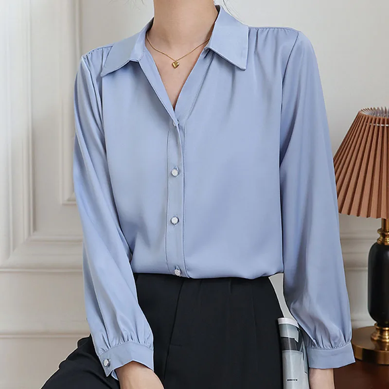 

Blusas Femininas Elegantes 2022 Women Tops and Blouses White Long Sleeve Top Chiffon V-Neck Spliced Button Shirts Office Wear