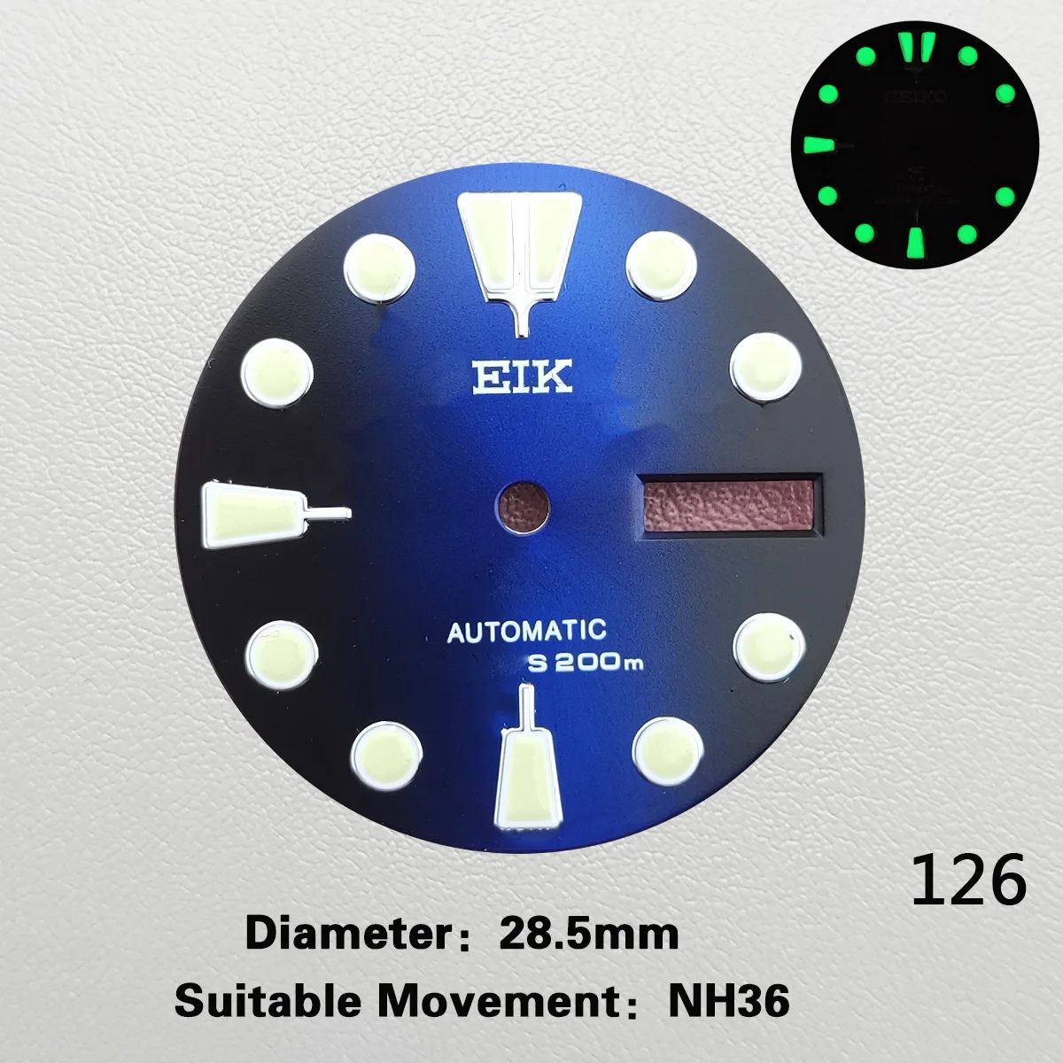 NH36 28.5mm Dial Dual Calendar Sterile Laser Gradient Dial Super Luminous Suitable For NH36 Movement 3 o'clock Date
NH36 28.5mm Dial Dual Calendar Sterile Laser Gradient Dial Super Luminous Suitable For NH36 Movement 3 o'clock Date