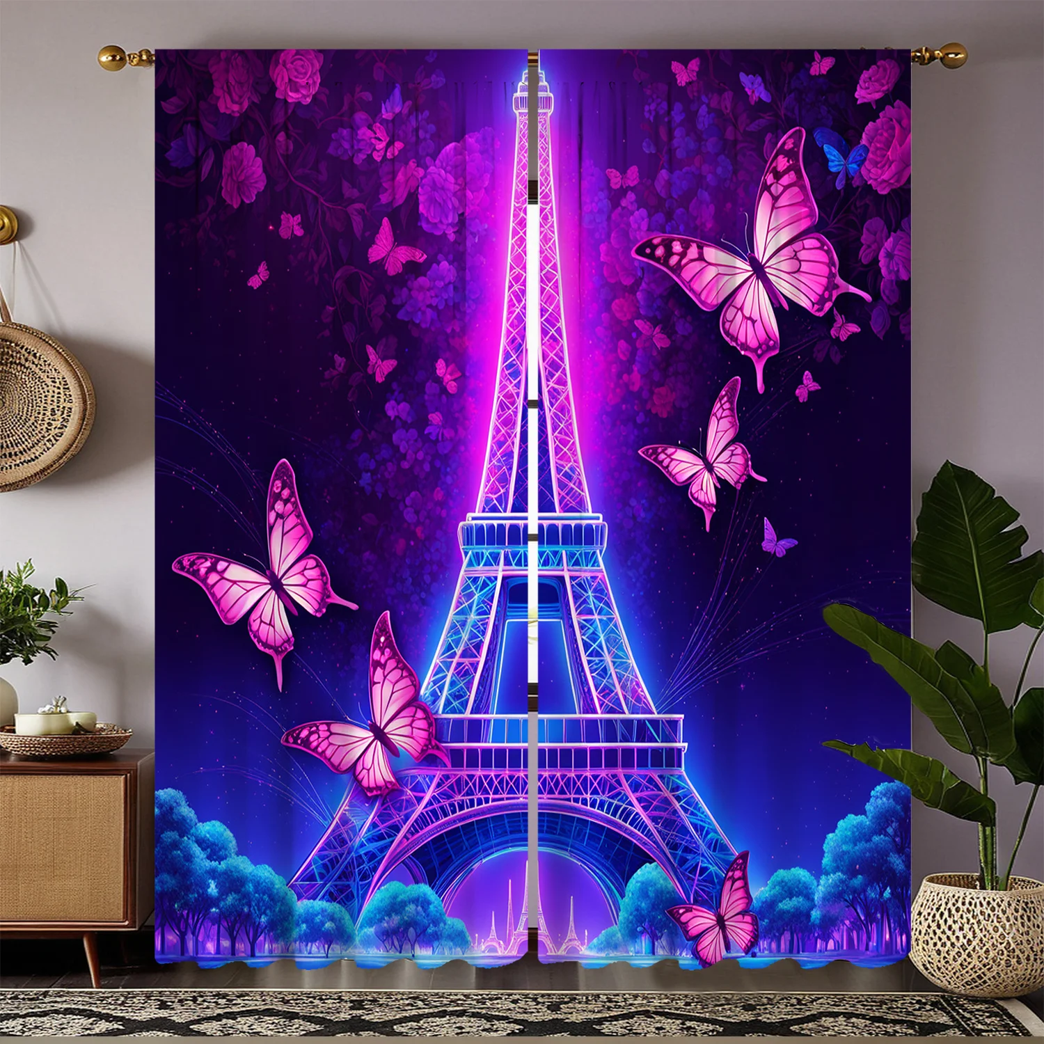 HD цифровые шторы с имитацией темно-фиолетового градиентного фона Эйфелева башня розовой бабочкой, 2 шт
HD цифровые шторы с имитацией темно-фиолетового градиентного фона Эйфелева башня розовой бабочкой, 2 шт
