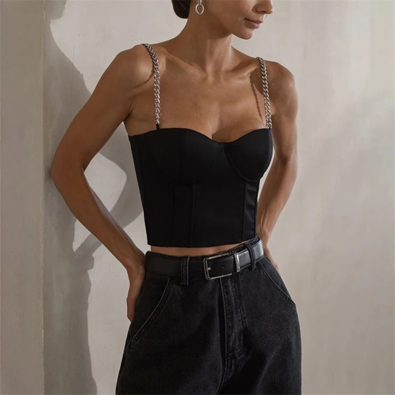 

Chain Spagetti Strap Camisole Women Solid Color Vest Crop Tops Sexy Lady Low-cut Padded Short Camis Clubwear Summer Fashion Top