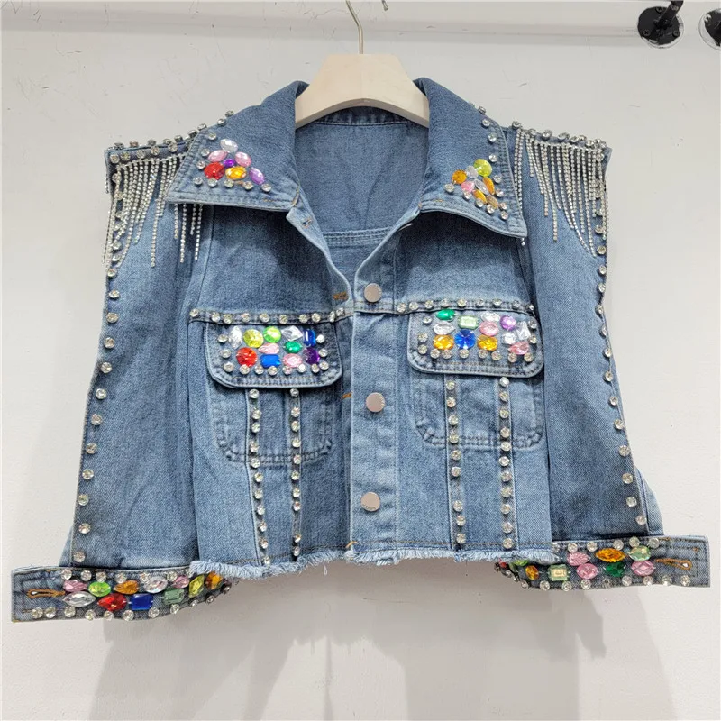 

Women Short Denim Jacket Coat Spring New Pearl Diamonds Chain Tassel Frayed Burrs Hem Half Sleeve Female Jeans Jacket Streetwear