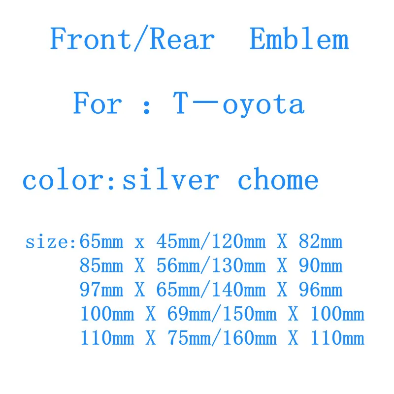 Chrome Silver 3D Car Front Head Hood Bonnet or Rear Tail Bumper Trunk Boot Mark Badge Emblem Logo Sticker For Toyota Car Styling
Chrome Silver 3D Car Front Head Hood Bonnet or Rear Tail Bumper Trunk Boot Mark Badge Emblem Logo Sticker For Toyota Car Styling