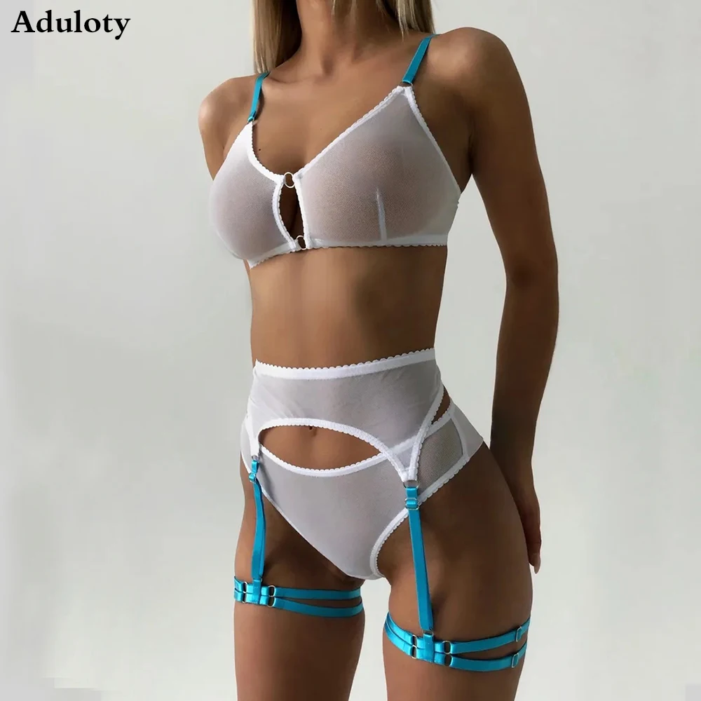 

2022 New Sexy Lingerie Lace High Elastic Comfortable Bra Panties Fluorescent Color Garter Set Erotic Transparent Underwear
