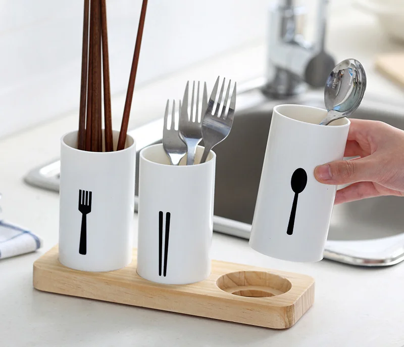 

Flatware Organizer with Wood Base Cutlery Utensil Holder Spoons Forks Chopsticks Storage Rack for Kitchen Countertop органайзеры