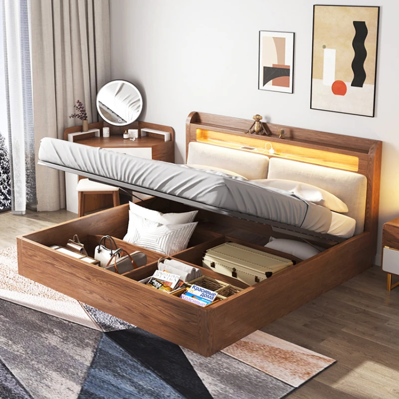 

Высокий ящик для хранения, кровать из массива дерева, современная простая спальня, Главная спальня, мягкая двуспальная кровать с фотоэлементами