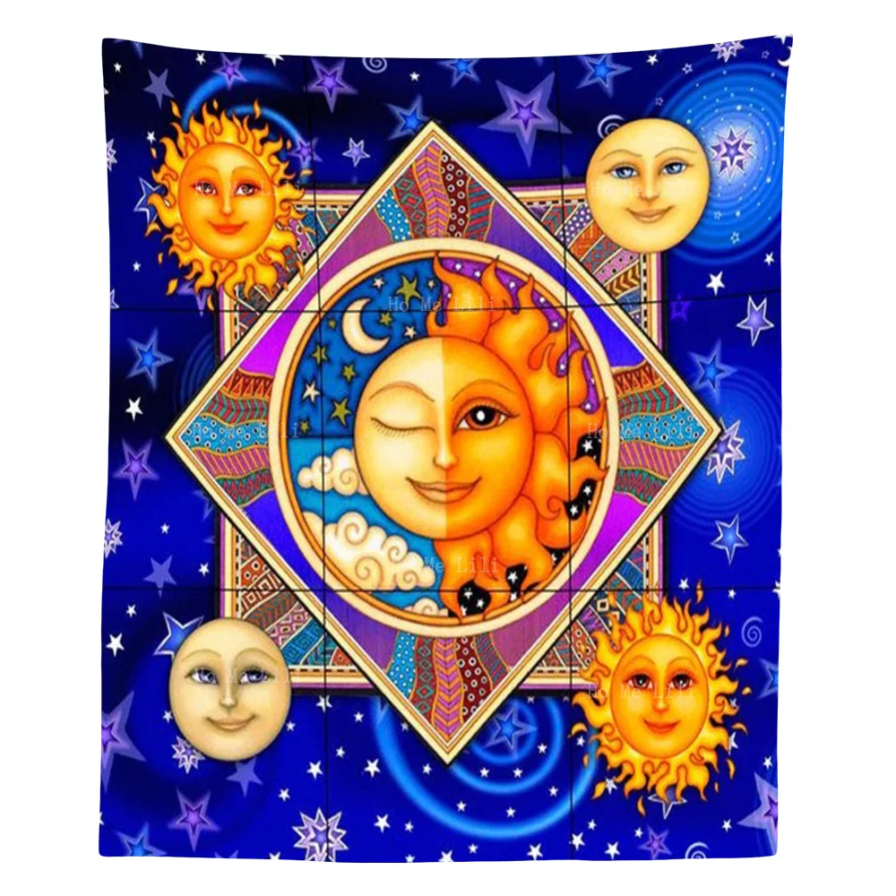 

Лицо Солнца и Луны на синей звездной фоновой гобелен от Ho Me Lili для декора гостиной