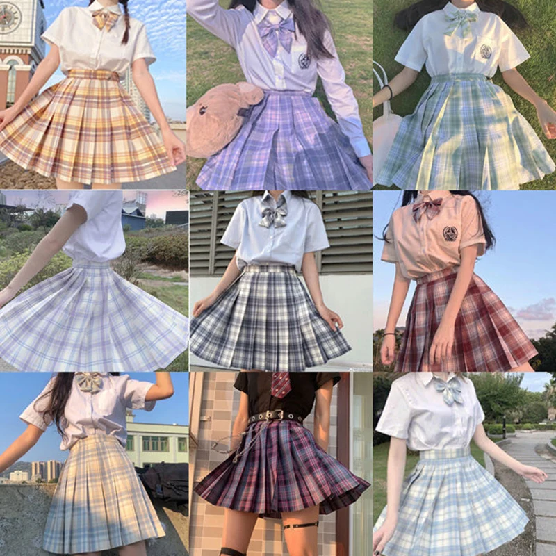 

Школьная униформа для девочек, плиссированные юбки, японская школьная форма, с высокой талией, трапециевидная клетчатая юбка, сексуальная униформа JK для женщин, полный комплект