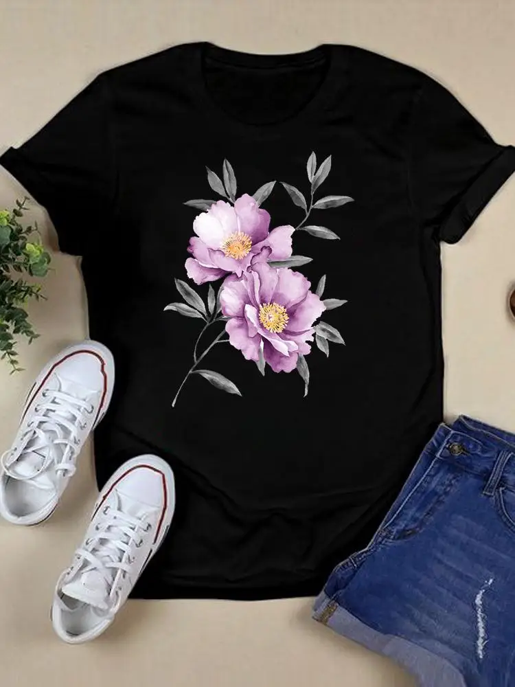 

Футболка женская с коротким рукавом, милая трендовая рубашка с принтом цветов и растений, модная одежда с графическим принтом, черный цвет, ...