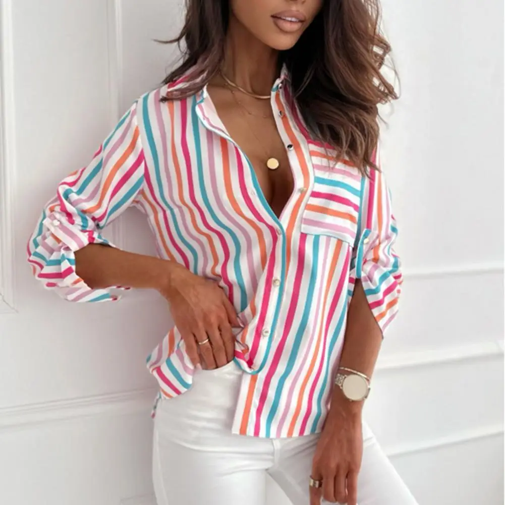 Bright Colored Fashion Top Chic Striped Workwear for Women Slim Fit Lapel Shirts with Patch Pockets Single Breasted for Autumn
Bright Colored Fashion Top Chic Striped Workwear for Women Slim Fit Lapel Shirts with Patch Pockets Single Breasted for Autumn