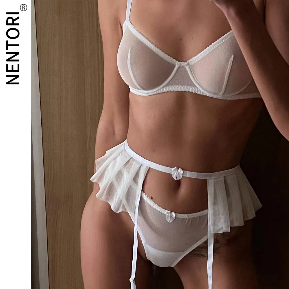 

NENTORI Ruffle Sensual Lingerie For Women Underwear Uncensored 3-Piece Transparent Bra Fine Intimate Garter Set Sexy Lace Porn