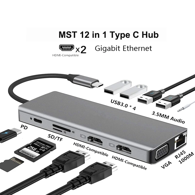 

Док-станция с тройным монитором для MacBook Air M1 и Windows/Thunderbolt 3, док-станция 12 в 1 USB C Hub с 4K Dual HDMI,100 Вт PD,VGA