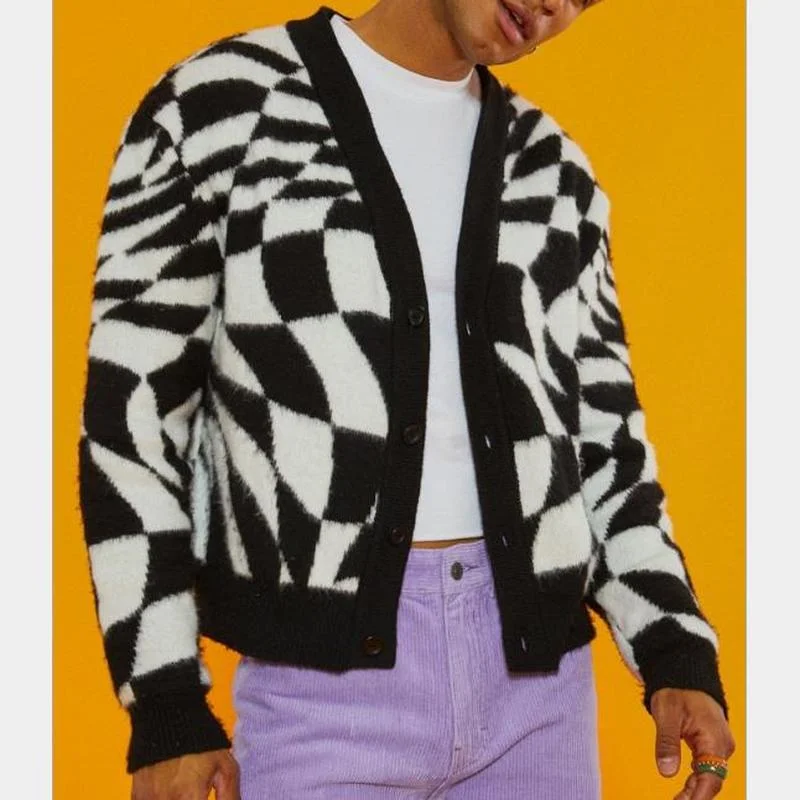 

2023 Fashion Brand Sweater Men Button Cardigan Irregular Checkerboard Long Sleeve Loose Knit Sweater Argyle Couple Cardigans y2k