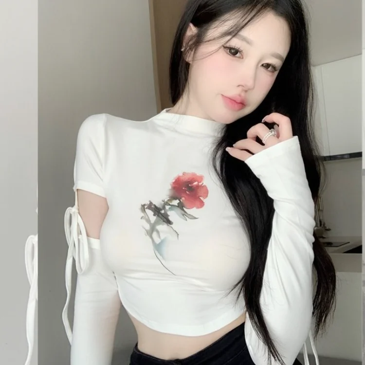 Sweet Hot Half-high Collar Rose Print T-shirts Sexy Crop Top Skinny Shirts Women Irregular Long Sleeve Tee Shirt with Oversleeve
Sweet Hot Half-high Collar Rose Print T-shirts Sexy Crop Top Skinny Shirts Women Irregular Long Sleeve Tee Shirt with Oversleeve