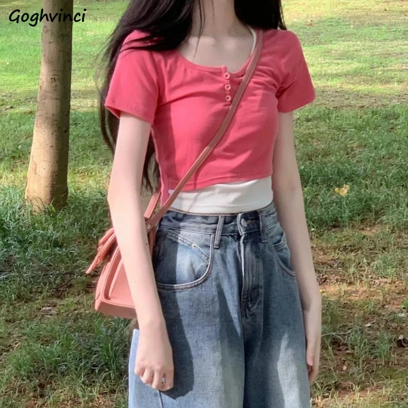 Short Sleeve T-shirts Women Kawaii Fake 2 Pcs Summer Ulzzang Tender Female Crop Tops Trendy Button Design Casual Daily All-match
Short Sleeve T-shirts Women Kawaii Fake 2 Pcs Summer Ulzzang Tender Female Crop Tops Trendy Button Design Casual Daily All-match