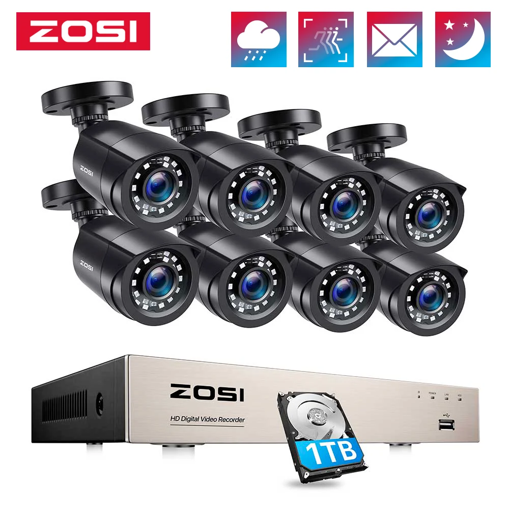 Фото ZOSI 8CH CCTV система H.265 + 5MP Lite HD-TVI DVR комплект 8 1080p 2MP Домашняя безопасность наружная