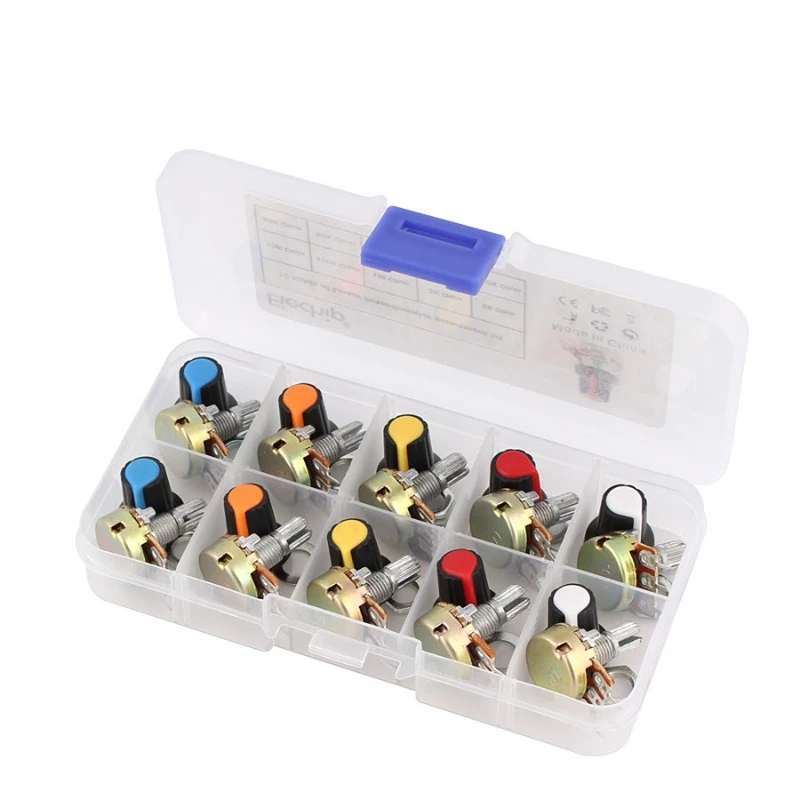 10pcs/box Potentiometer Kit WH148 15MM 3Pin 1K 2K 5K 10K 20K 50K 100K 250K 500K With Knob Cap Potentiometer Set
10pcs/box Potentiometer Kit WH148 15MM 3Pin 1K 2K 5K 10K 20K 50K 100K 250K 500K With Knob Cap Potentiometer Set