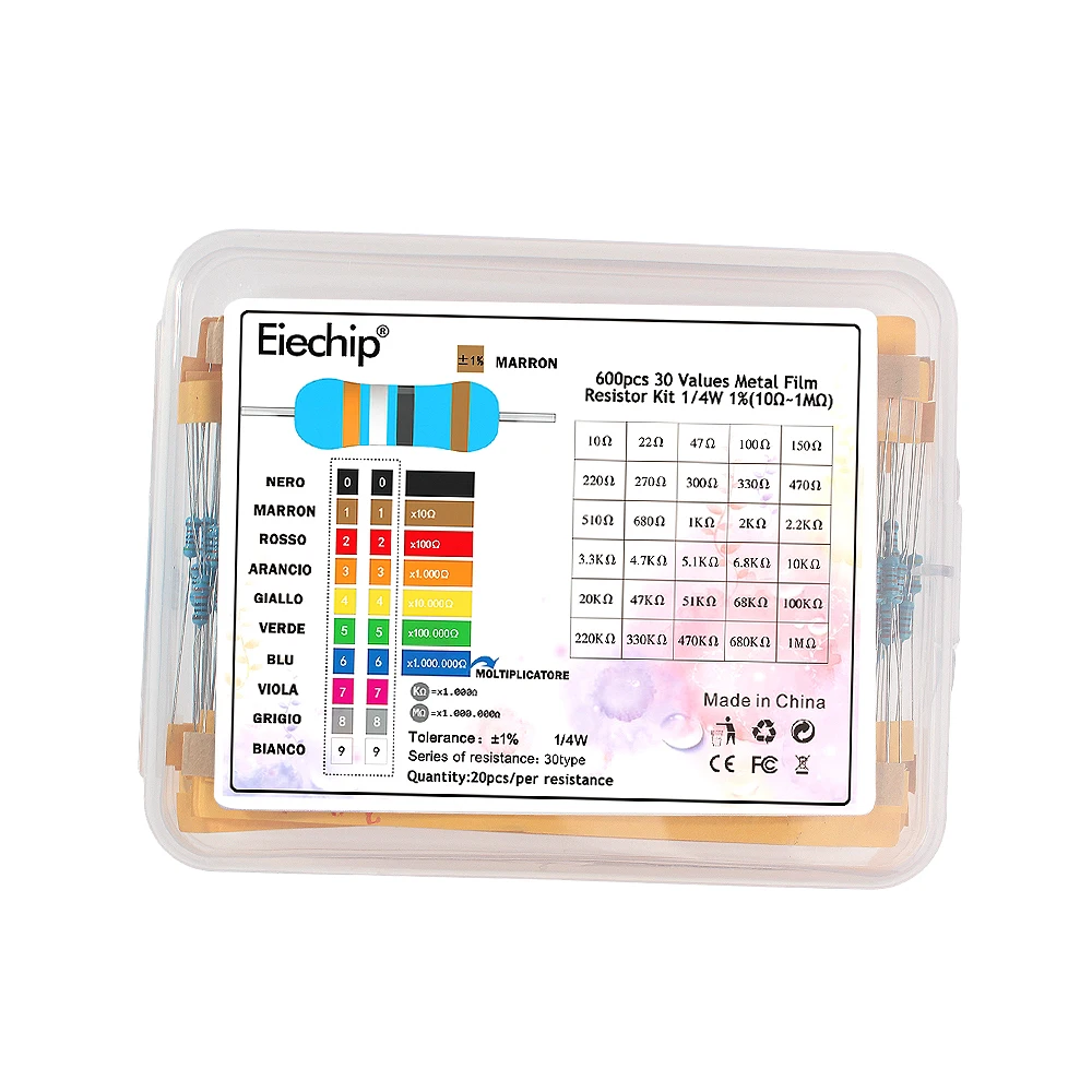 600PCS 30 Values 1/4W Metal Film Resistor Assortment Kit, 10 ohm~1M ohm Resistors Assorted Set Pack in Box, 10K 20K 47K 51K 68K
600PCS 30 Values 1/4W Metal Film Resistor Assortment Kit, 10 ohm~1M ohm Resistors Assorted Set Pack in Box, 10K 20K 47K 51K 68K