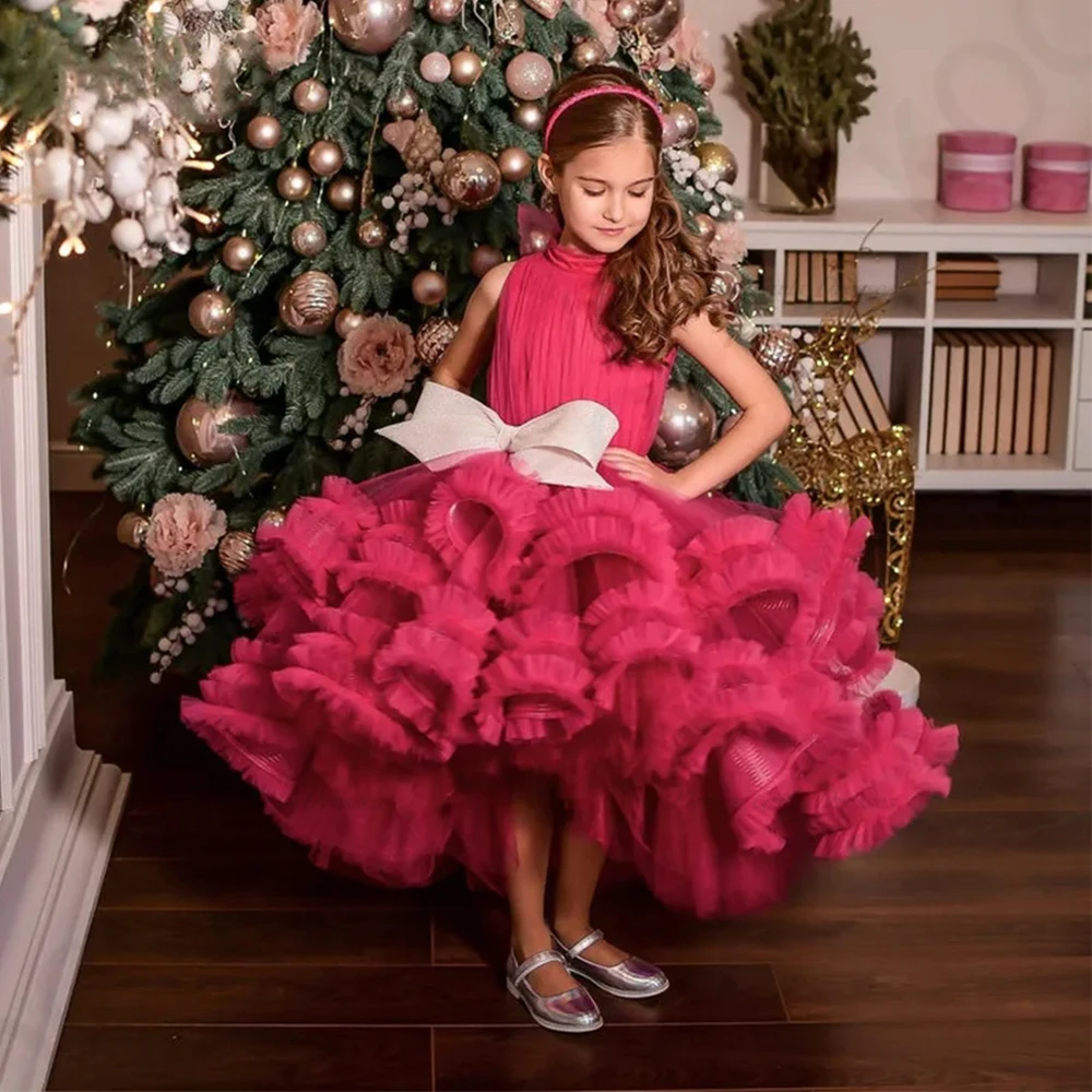 Fuchsia Halter Sleeveless Big Gold Bow Flower Girls Dresses For Tiered Tulle Long Length Puff Communion Dresses for Christmas
Fuchsia Halter Sleeveless Big Gold Bow Flower Girls Dresses For Tiered Tulle Long Length Puff Communion Dresses for Christmas