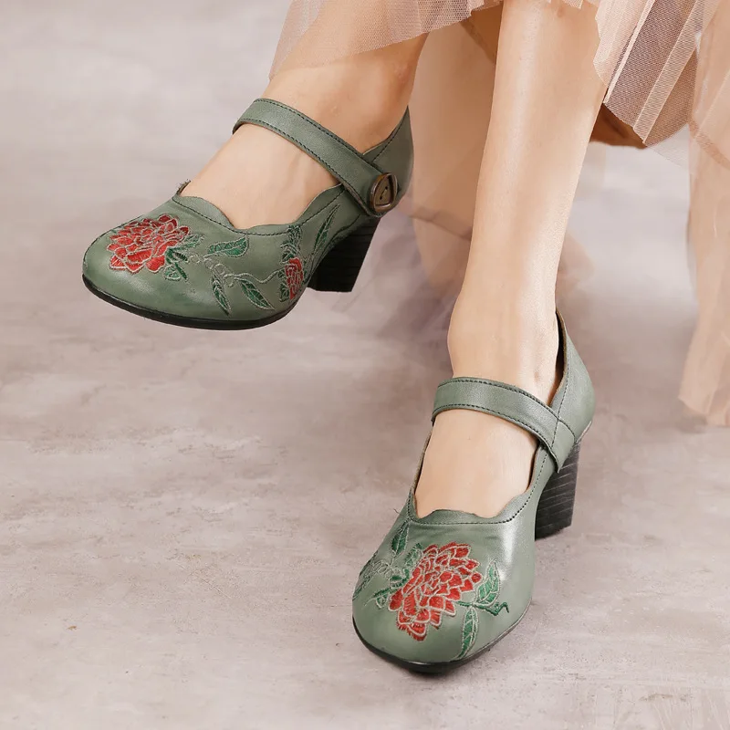 

Женские винтажные туфли из натуральной кожи YourSeason, лаконичные туфли-лодочки с круглым носком и цветочной вышивкой, на липучке, весна-осень ...