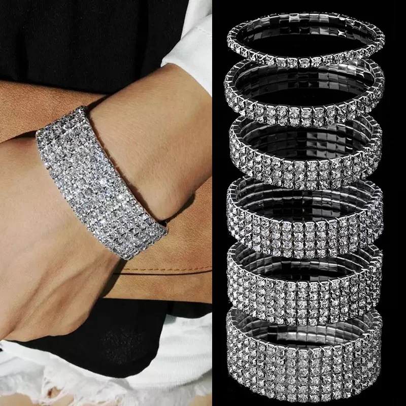 

Fashion 4/5/8 Rows Full Crystal Rhinestone Elastic Bracelet Silver Color Bangle Bling Wristband Women Wedding Bridal Jewelry