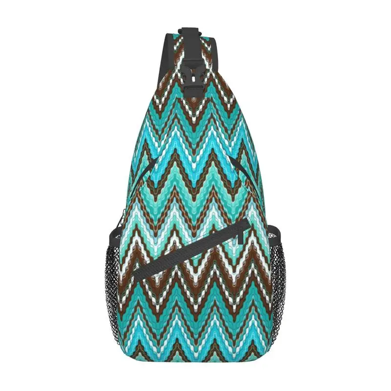 

Modern Geometric Blue-ish Zig Zag Sling Crossbody Backpack Abstract Zigzag Boho Chest Shoulder Bag for Cycling Camping Daypack