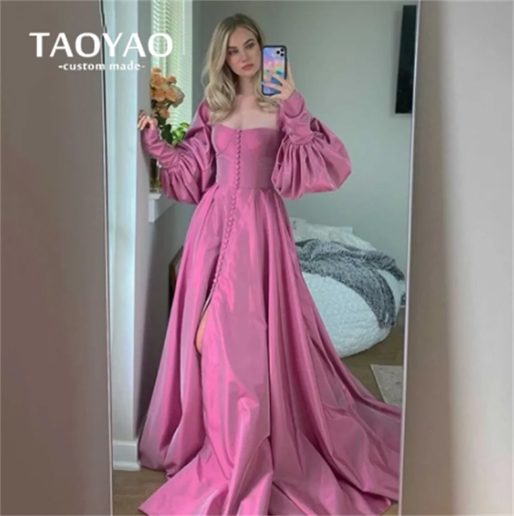 

Elegant Pink Prom Dresses Bishop Sleeves High Slit Taffeta Evening Dresses Sweetheart A-Line Party Gowns Buttons Robes De Soirée