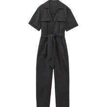TRAF Women Fashion With Belt Front Zipper Jumpsuits Vintage Short Sleeve Side Pockets Female Playsuits Mujer