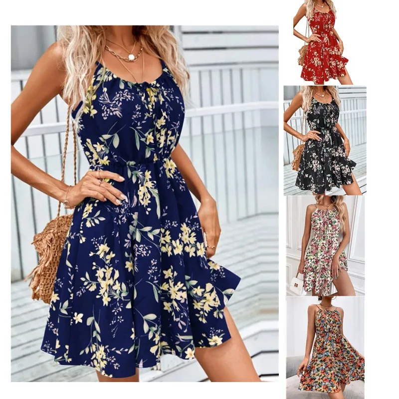 

Women New Loose Floral Vintage Sexy Ruffles Bandage Hole Befree Mini Dress Large Big Summer Stap Camis Party Beach Dresses