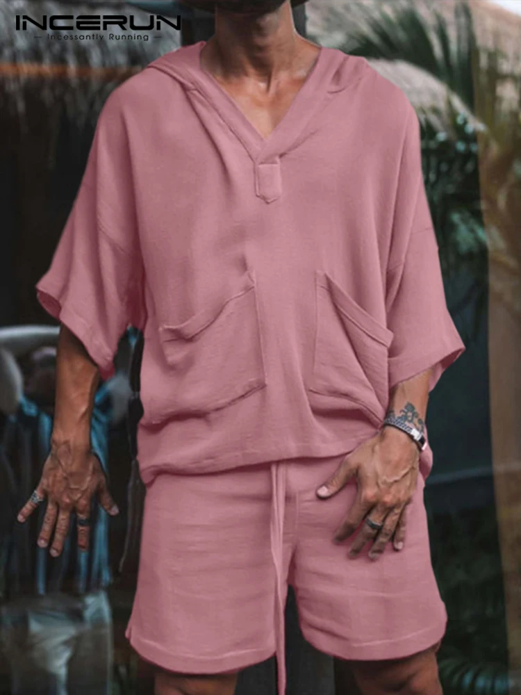 2022 Men Sets Solid Color Hooded Half Sleeve T Shirt & Shorts Two Pieces Sets Loose Streetwear Summer Men Casual Suits INCERUN 
2022 Men Sets Solid Color Hooded Half Sleeve T Shirt & Shorts Two Pieces Sets Loose Streetwear Summer Men Casual Suits INCERUN