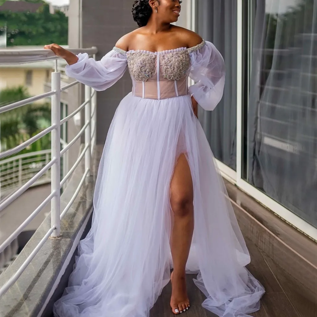 Charming White Bridal Nightgowns Long Sleeves Off The Shoulder Prom Party Sleepwear Sexy High Split Photography Wedding Dresses
Charming White Bridal Nightgowns Long Sleeves Off The Shoulder Prom Party Sleepwear Sexy High Split Photography Wedding Dresses