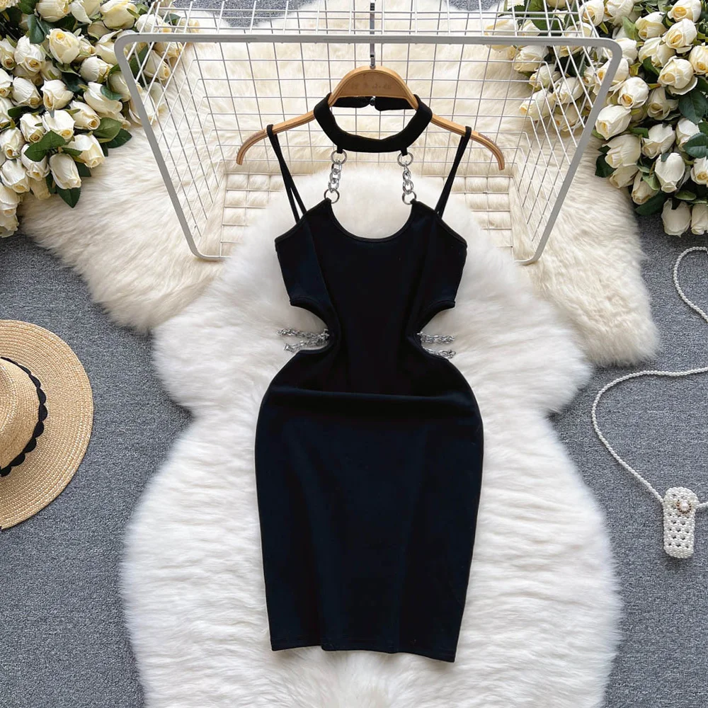 Sexy Girl Chain Dress Streetwear Wasit Hollow Out Bodycon Short Dress Fashion Design Sexy Black Suspender Dress for Club
Sexy Girl Chain Dress Streetwear Wasit Hollow Out Bodycon Short Dress Fashion Design Sexy Black Suspender Dress for Club