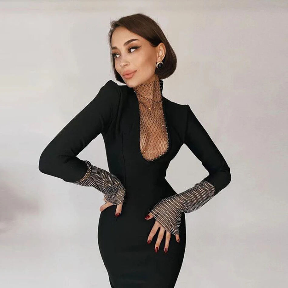 2022 Sexy Hollow Fishnet Rhinestone Long Sleeve New Women's Knee Long Bandage Dress Celebrity Runway Evening Party Dress vestido
2022 Sexy Hollow Fishnet Rhinestone Long Sleeve New Women's Knee Long Bandage Dress Celebrity Runway Evening Party Dress vestido